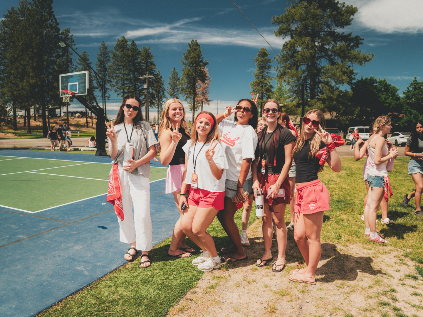 A group of friends laughing together at camp