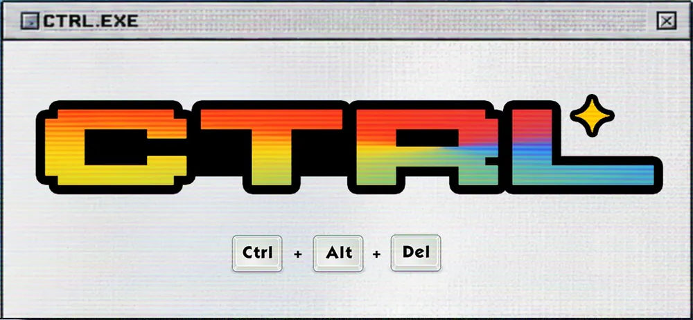CTRL rainbow pixel logo in a retro window